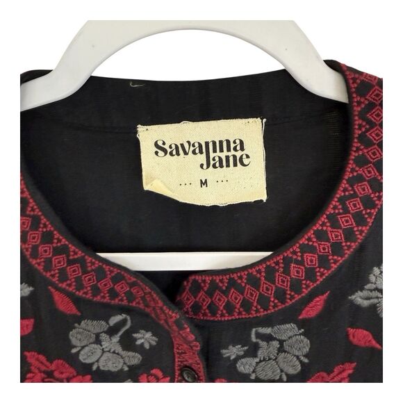 Savanna Jane Embroidered Top Size Medium Beaded Flowers Short Sleeve Cotton - Picture 5 of 12
